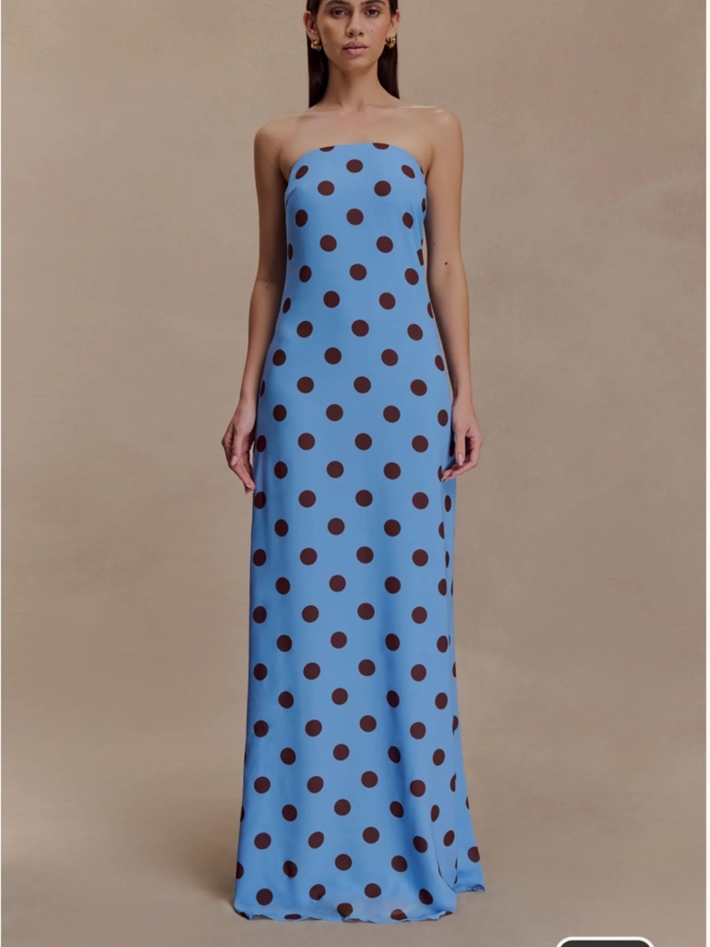 Meshki Blue Strapless Maxi Dress with Brown Polka Dots